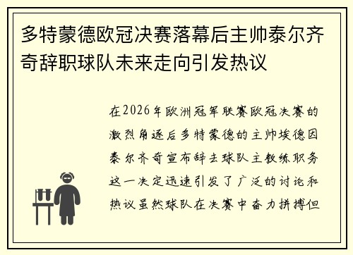 多特蒙德欧冠决赛落幕后主帅泰尔齐奇辞职球队未来走向引发热议
